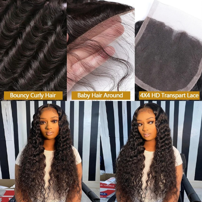 Curly Deep Wave 4x4 HD Lace Closure – 100% Raw Human Hair, Pre-Plucked Transparent Lace