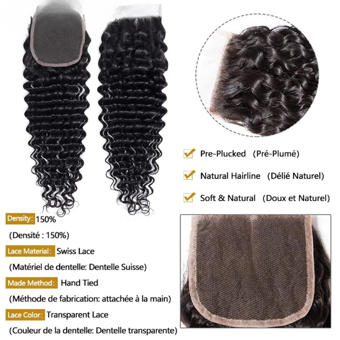Curly Deep Wave 4x4 HD Lace Closure – 100% Raw Human Hair, Pre-Plucked Transparent Lace
