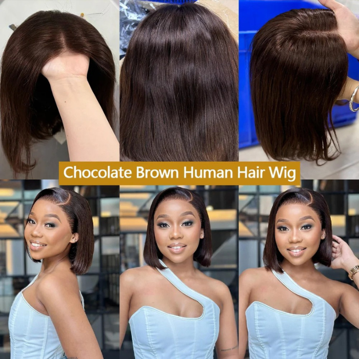 Chocolate Brown Bob Glueless Wig – 4x4 Brazilian Straight Human Hair Lace Front, Ready to Wear