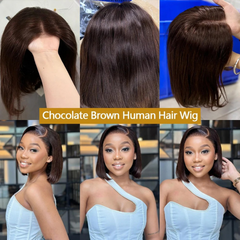 Chocolate Brown Bob Glueless Wig – 4x4 Brazilian Straight Human Hair Lace Front, Ready to Wear