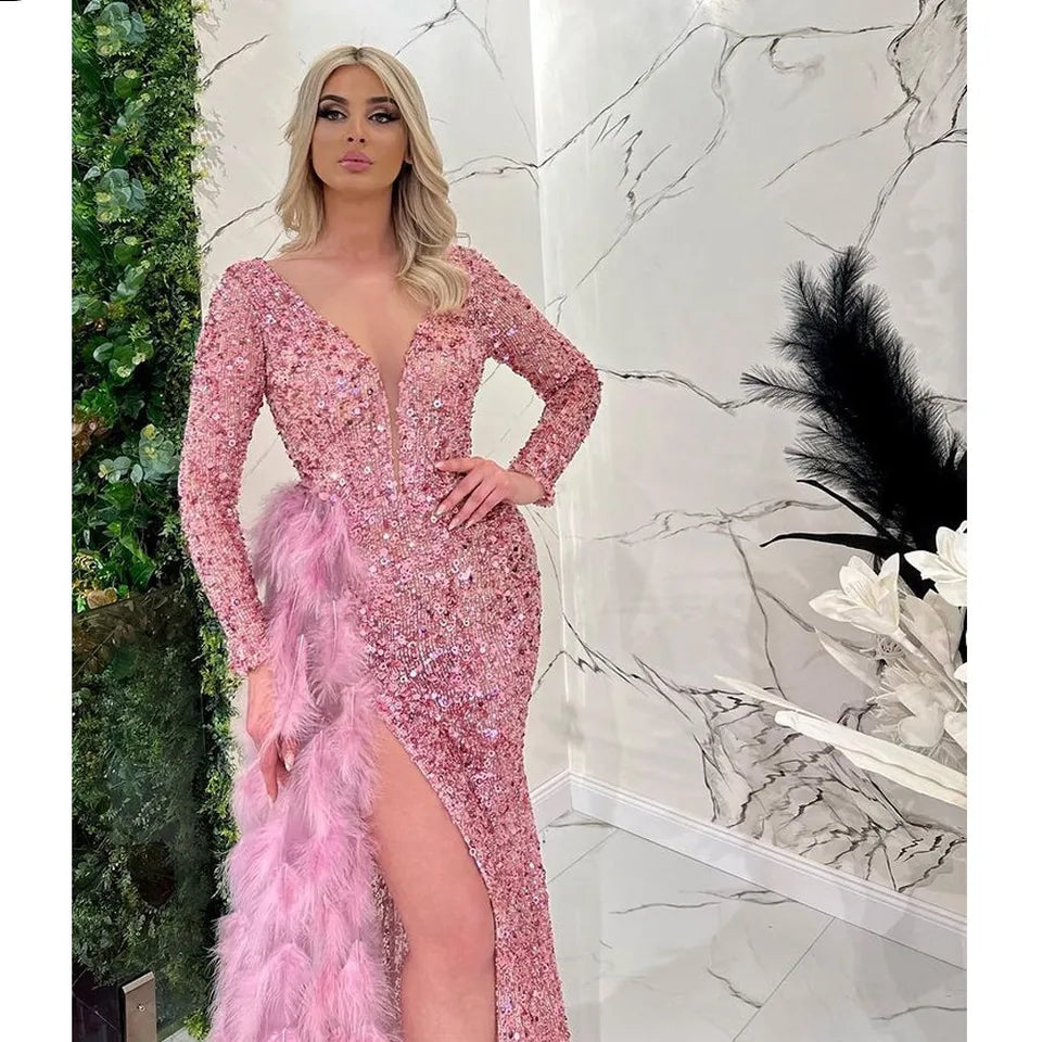 Blue Beading Sequined Feathers V Neck Long Sleeve Sweep Train Prom Dress