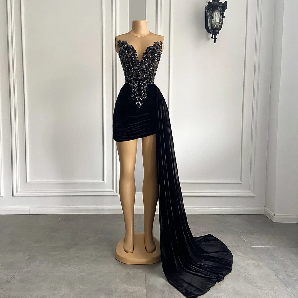 Black Velvet Beaded Embroidery Dress
