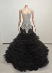 Ava Adorable Tulle Ruched Train Rhinestones Prom Dress