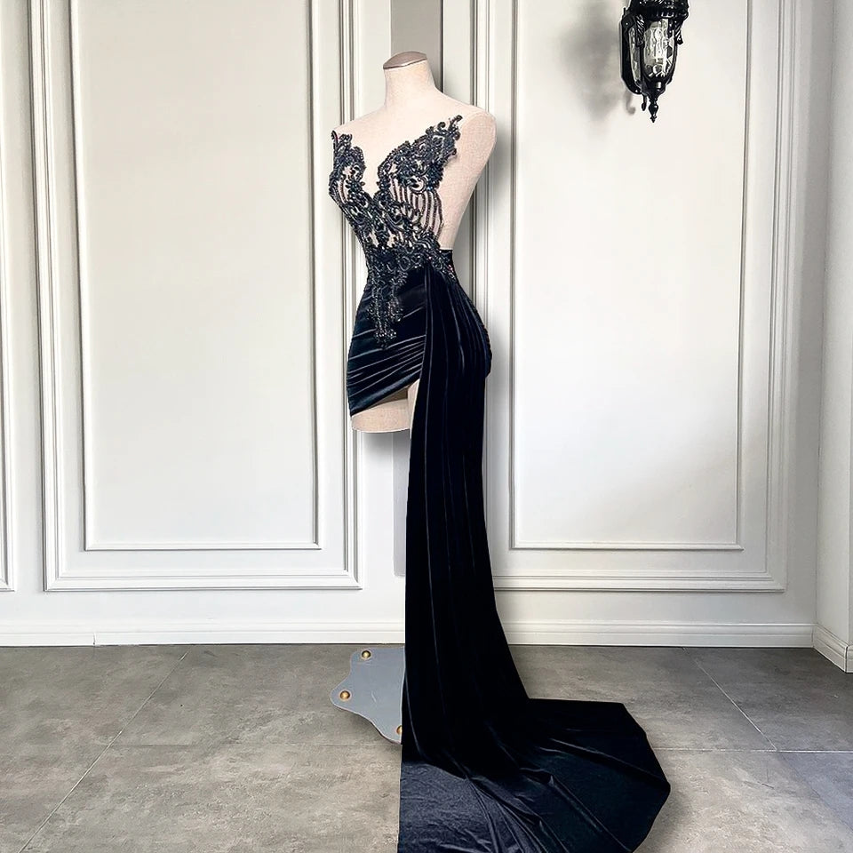 Black Velvet Beaded Embroidery Dress
