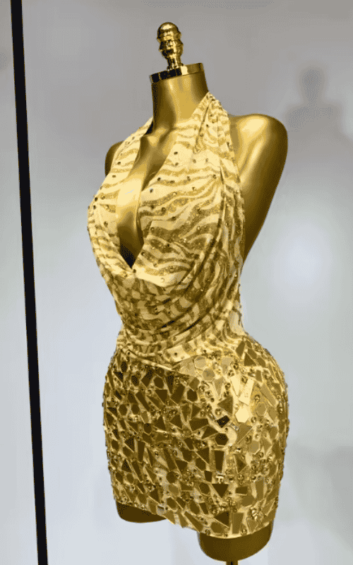 Arielle Backless Deep V Neck Gold Mini Dress