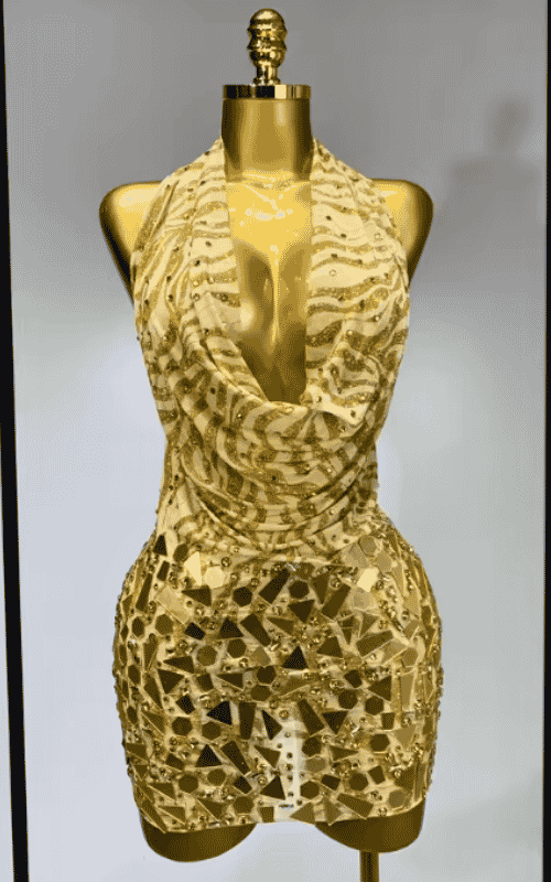 Arielle Backless Deep V Neck Gold Mini Dress