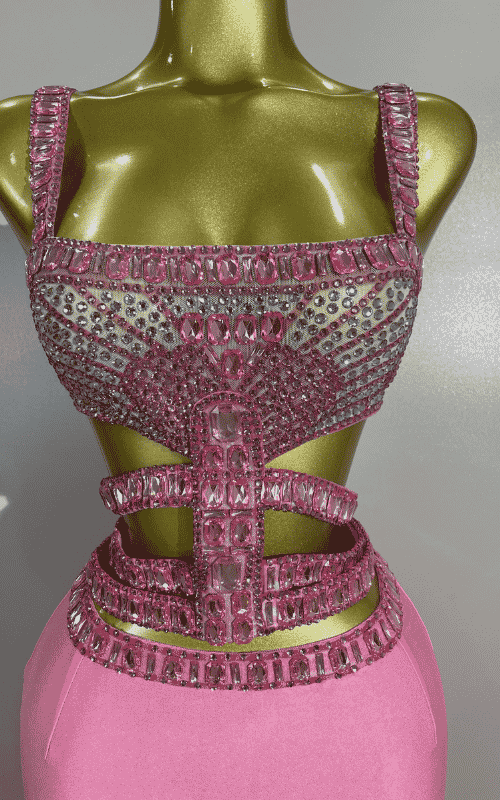 Courtney Sparkly Rhinestone Pink Sexy Sleeveless Long Dress Two Pieces Set