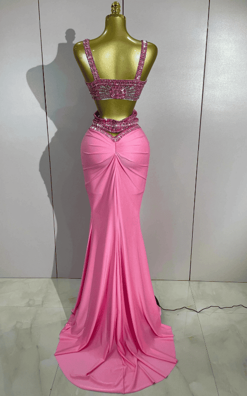 Courtney Sparkly Rhinestone Pink Sexy Sleeveless Long Dress Two Pieces Set