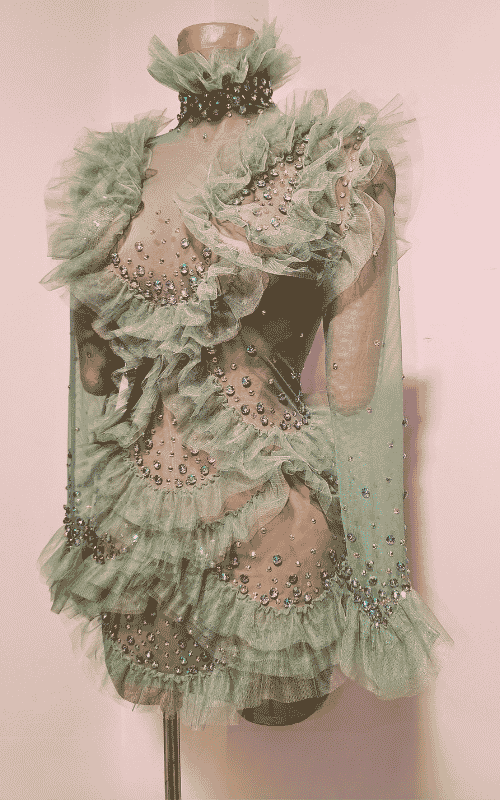 Channel Mint Color Long Sleeve Mesh Ruffles Shining Sequins Bodycon Mini Dress