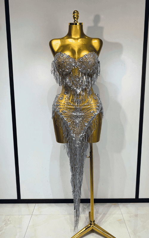 Dina Diamond Tassel Strapless Mesh See Through Mini Dress