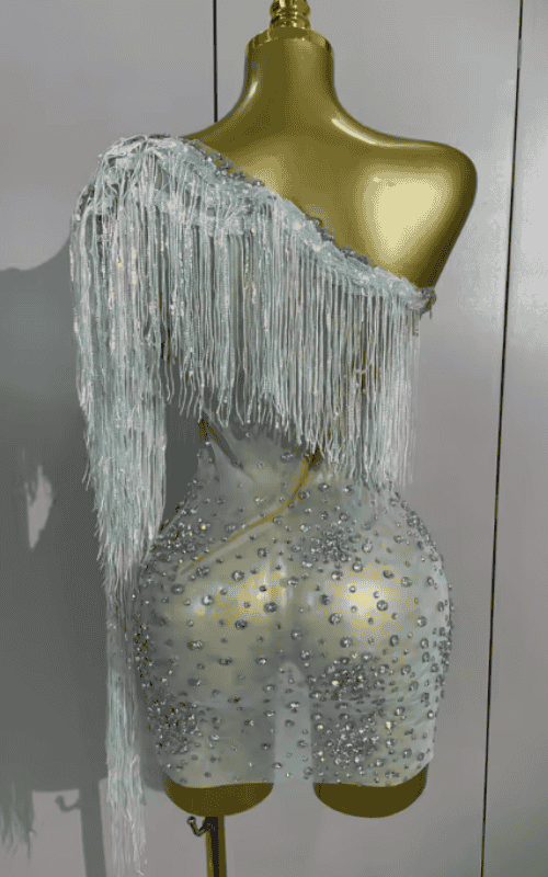 Atrisha One Shoulder Sparkly Rhinestone Tassel Sheer Mesh Mini Dress