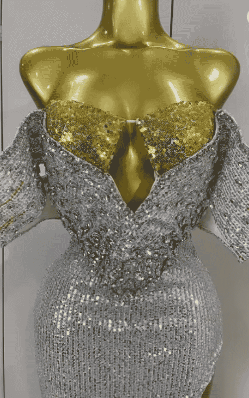 Alyn Shiny Diamond Sequin Off Shoulder Bodycon Long Dress