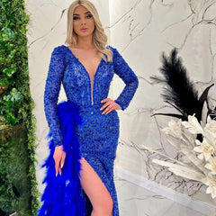 Blue Beading Sequined Feathers V Neck Long Sleeve Sweep Train Prom Dress