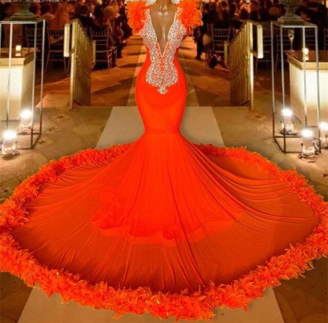 Crystal Orange Feathers Mermaid Prom Dress