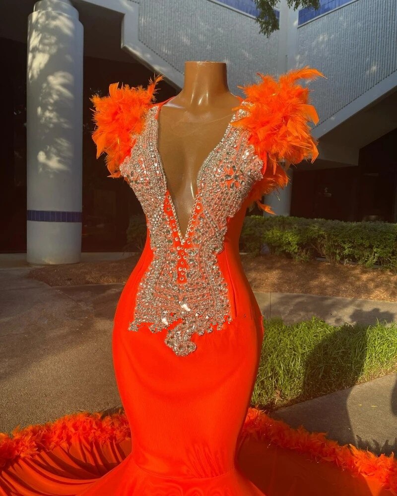 Crystal Orange Feathers Mermaid Prom Dress