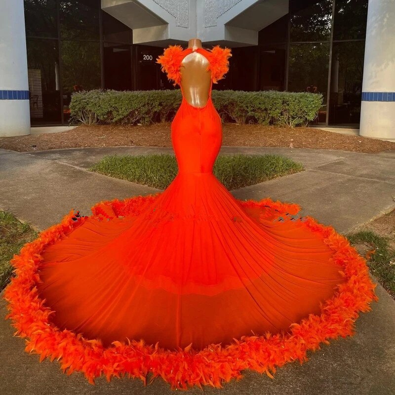 Crystal Orange Feathers Mermaid Prom Dress