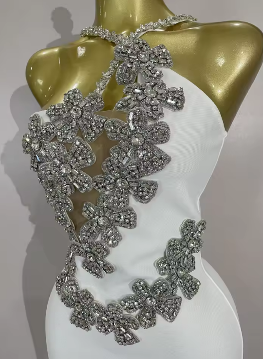 Bianca Sexy Backless Sparkly Crystal Diamonds White Bodycon Bandage Dress