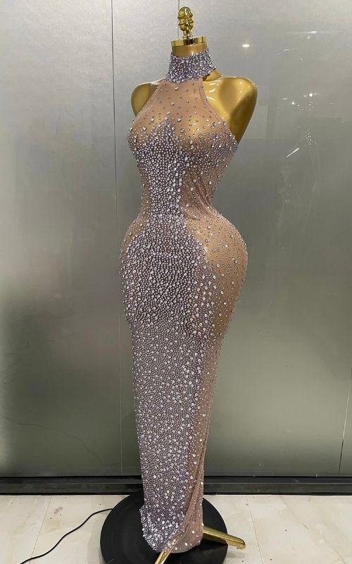 Amanda Luxury Sparkly Silver Rhinestone Sheer Mesh Long Dress