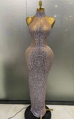 Amanda Luxury Sparkly Silver Rhinestone Sheer Mesh Long Dress