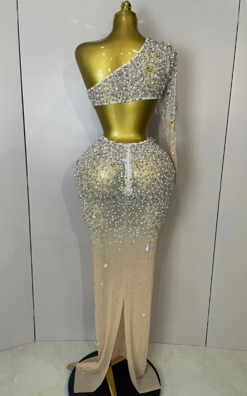 Anita Sexy One Shoulder Hollow Out Crystal Bodycon Long Dress