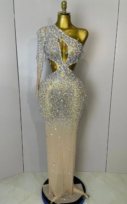 Anita Sexy One Shoulder Hollow Out Crystal Bodycon Long Dress