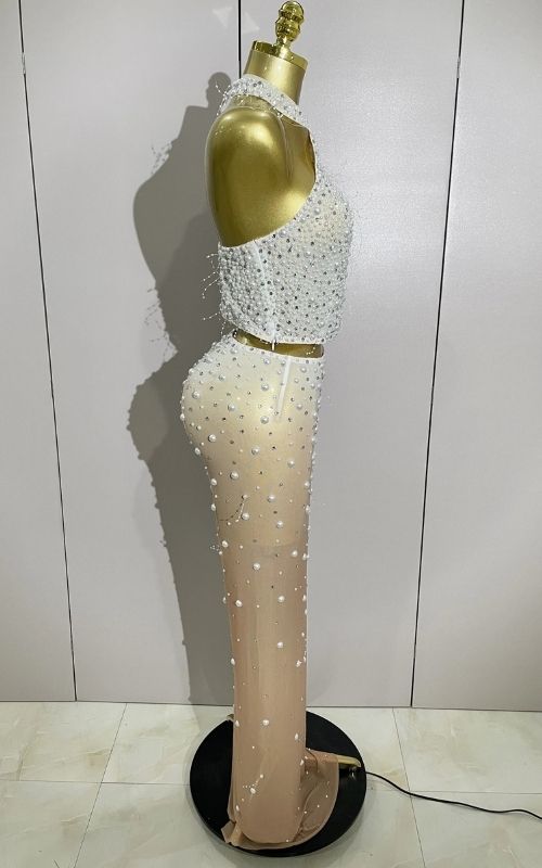 Carmela Sparkly Rhinestone Pearl Beaded Sheer Two Piece Set
