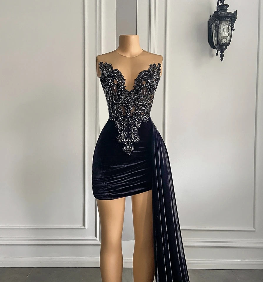 Black Velvet Beaded Embroidery Dress