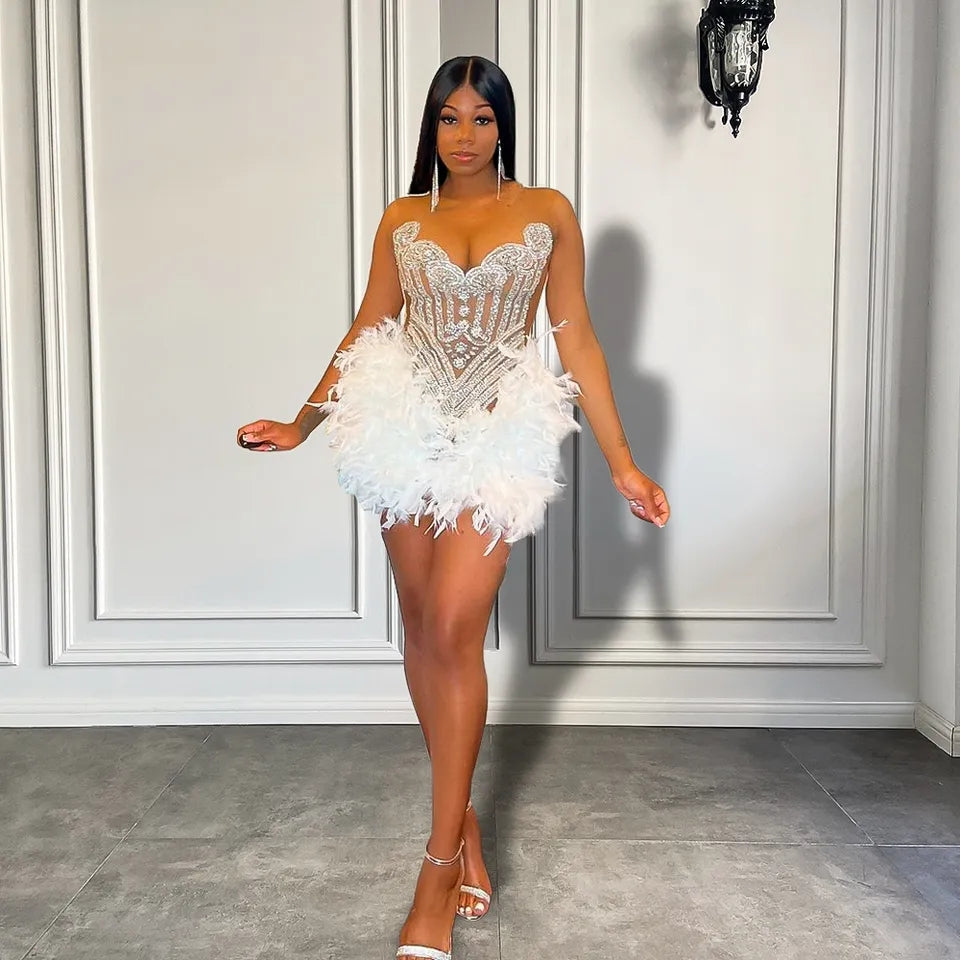 Beaded Crystal Feathers Birthday Dress