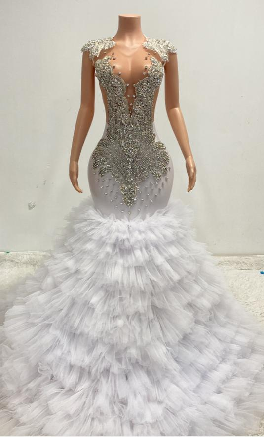 Ava Adorable Tulle Ruched Train Rhinestones Prom Dress