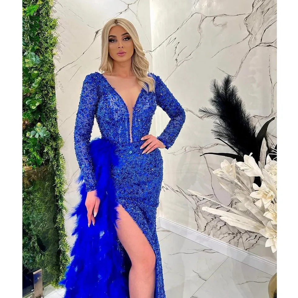 Blue Beading Sequined Feathers V Neck Long Sleeve Sweep Train Prom Dress