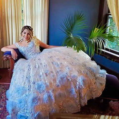 Baby Blue 3D Flowers Lace Sweetheart Quinceanera Dress