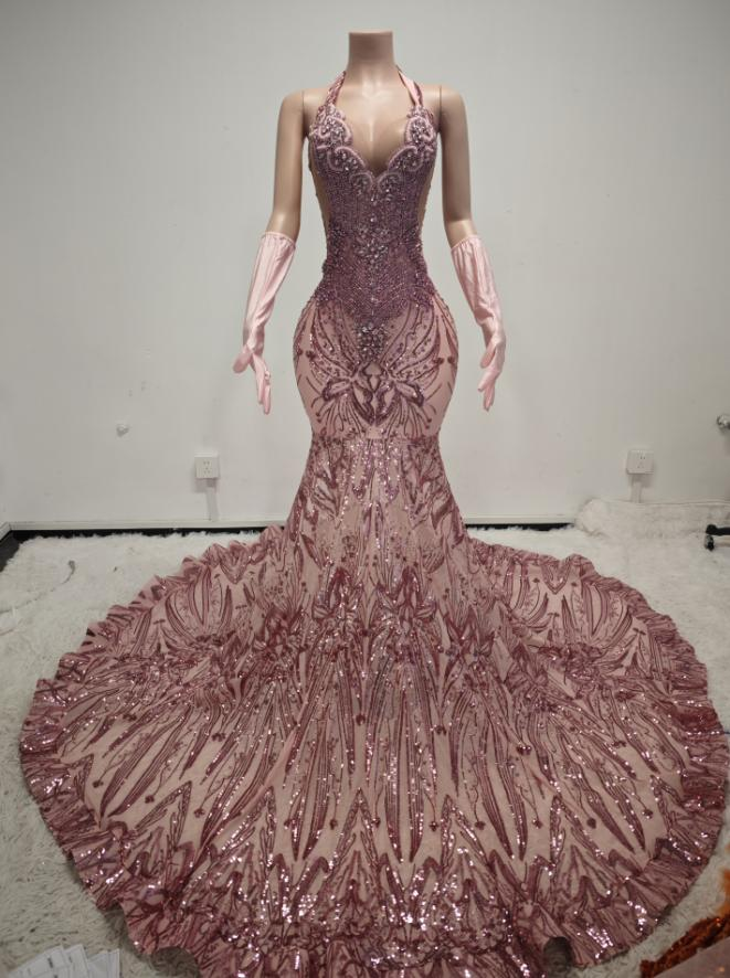 Carol Sparkly Sequin Halter Pink Mermaid Long Prom Dress