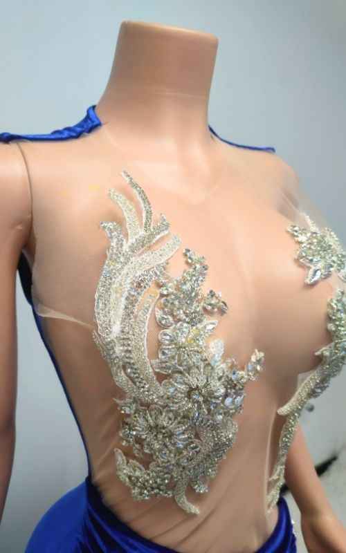 Blue Sheer Bodice Crystal-Embellished Velvet Prom Dress