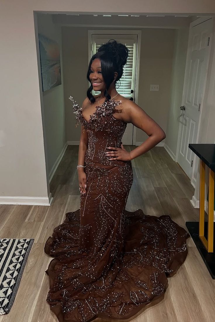 Brown Sparkling Crystal Beading Mermaid Prom Dress