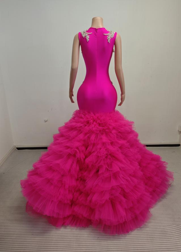 Ava Adorable Tulle Ruched Train Rhinestones Prom Dress