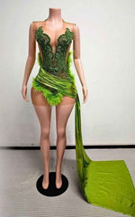 Crystal Embellished Illusion Suit With Feather Accents And Floor Length Sash