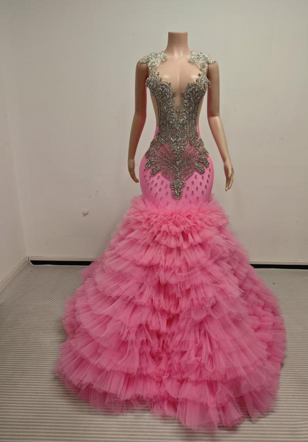 Ava Adorable Tulle Ruched Train Rhinestones Prom Dress
