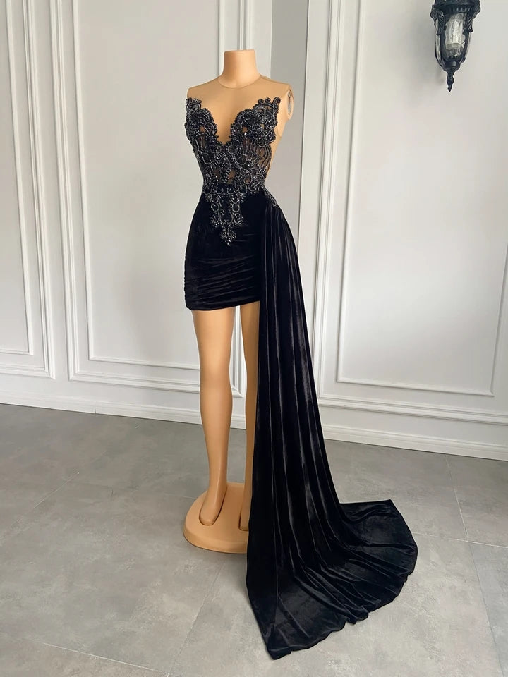 Black Velvet Beaded Embroidery Dress