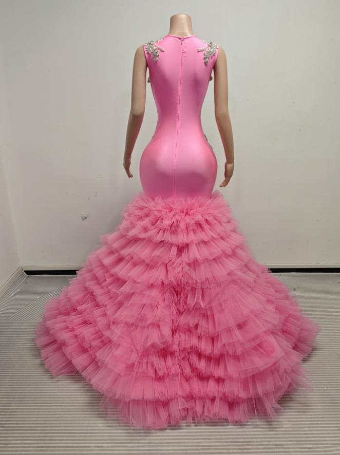 Ava Adorable Tulle Ruched Train Rhinestones Prom Dress