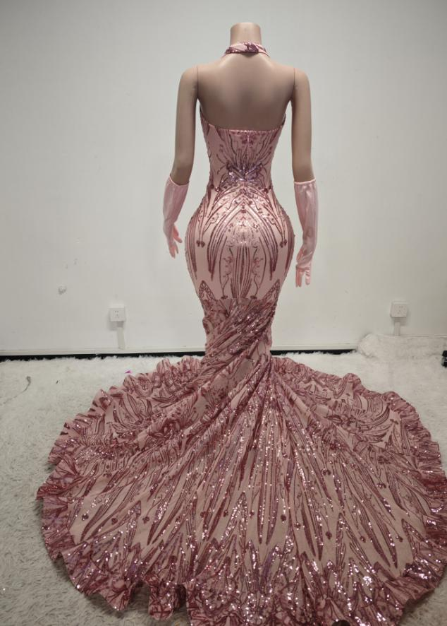 Carol Sparkly Sequin Halter Pink Mermaid Long Prom Dress
