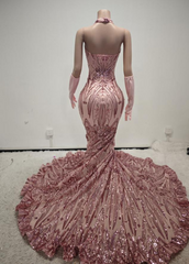 Carol Sparkly Sequin Halter Pink Mermaid Long Prom Dress