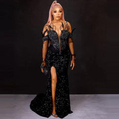 Black Beads  Sequined Mermaid Prom Dress