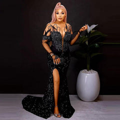 Black Beads  Sequined Mermaid Prom Dress