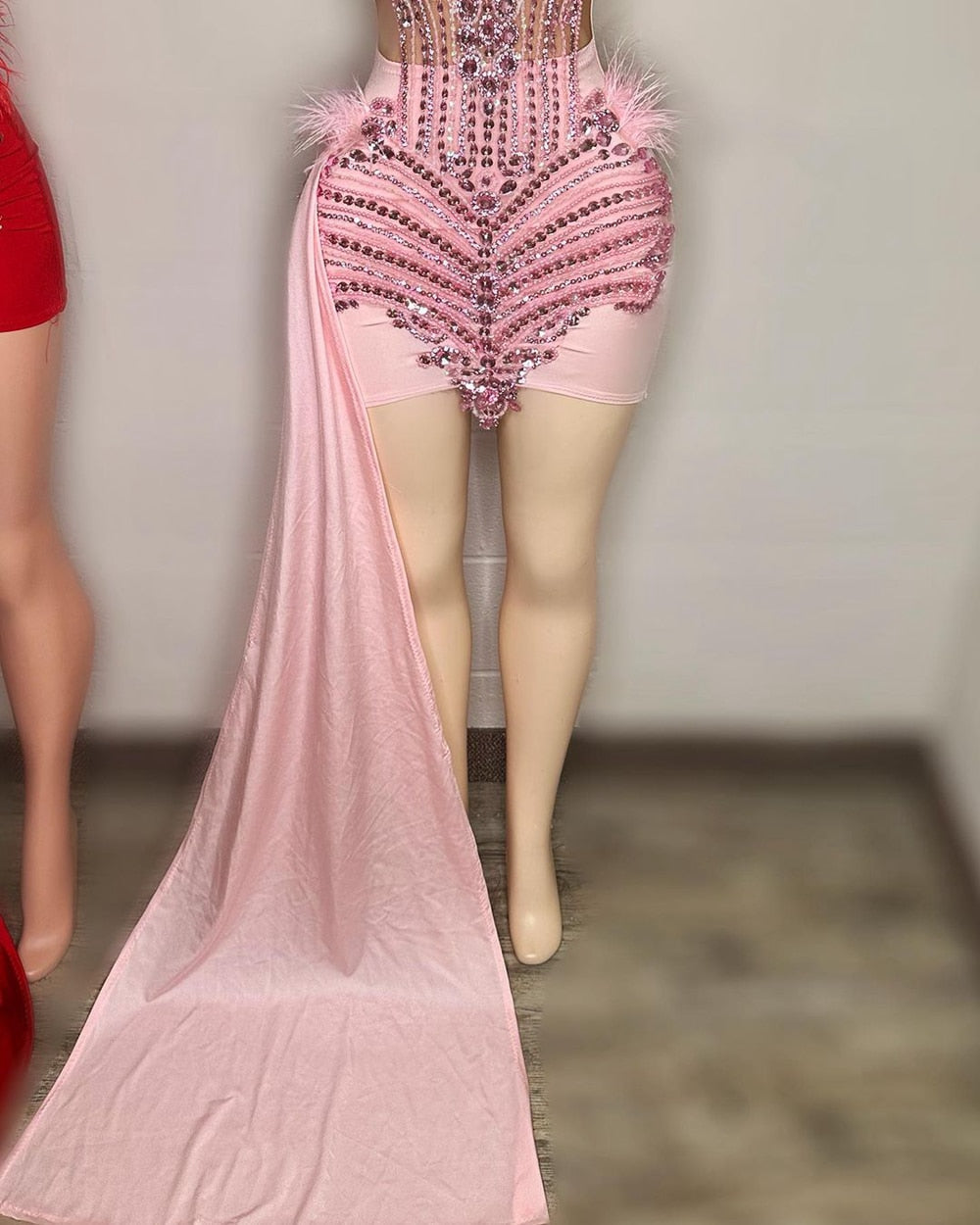 Cute Pink Sheer Mesh Feather Diamond Birthday Dress