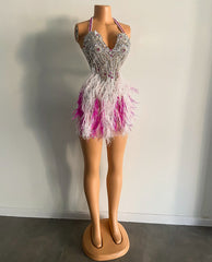 Cute Beaded Crystals Sweetheart Cocktail Birthday Dress with Feathers
