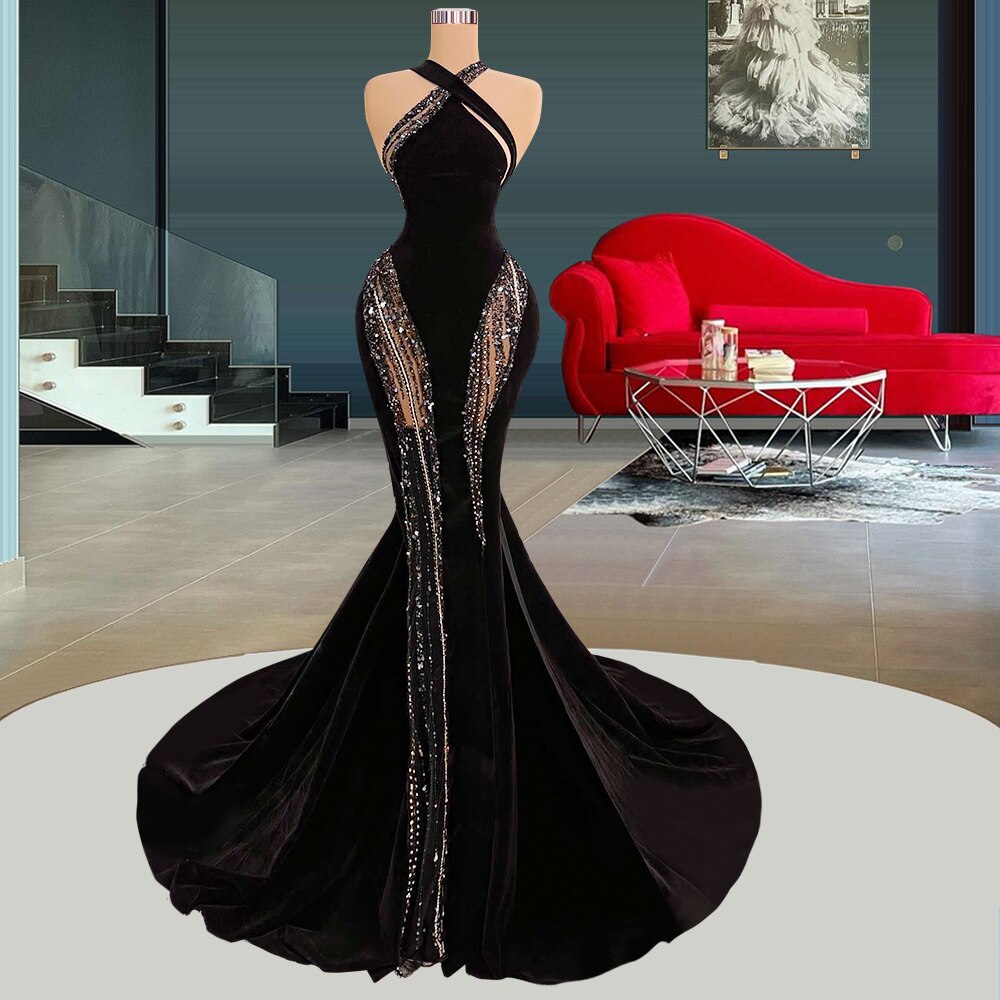 Black Cut Out Beading Mermaid Evening Dress