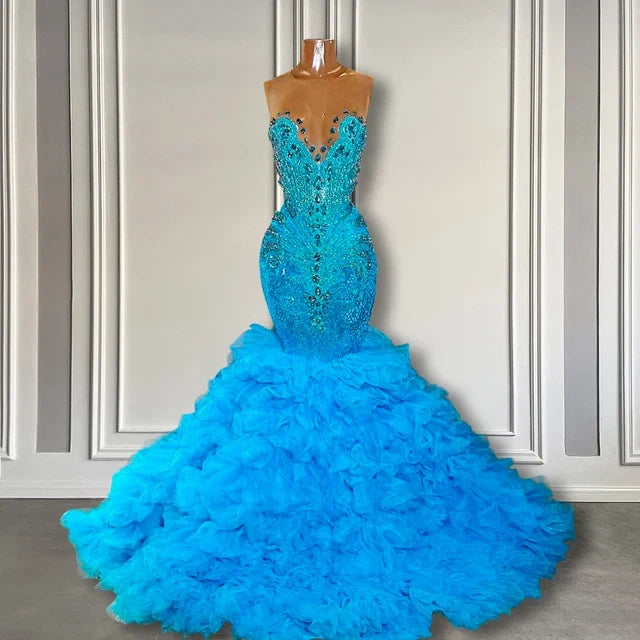 Blue Crystal Sequin Ruffled Mermaid Prom Dress