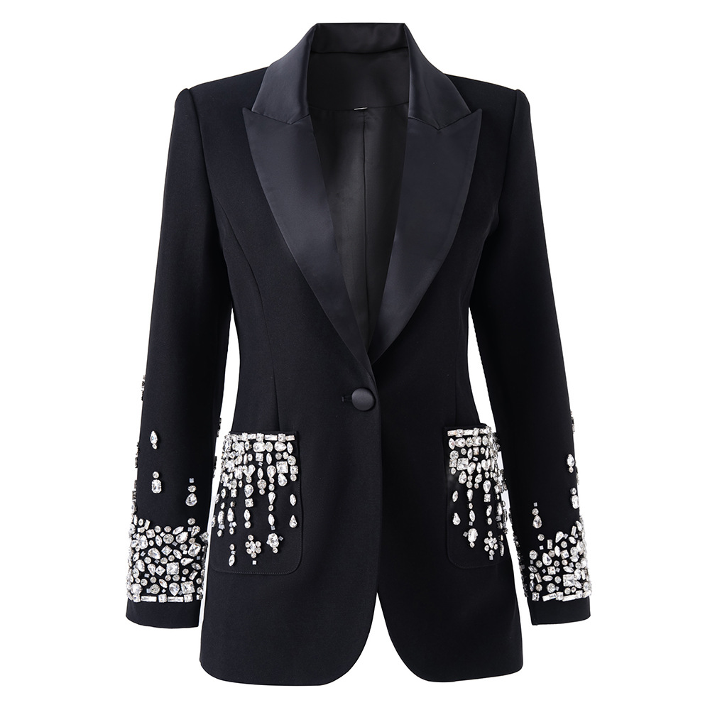 Beaded Rhinestone Embellished Single-Button Women's Suit Jacket Elegant Blazer