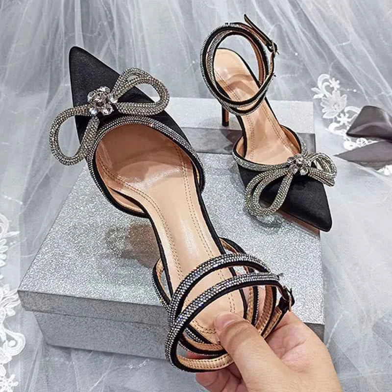 2026 New Fashion Glitter Rhinestones Women Pumps Crystal Bowknot Silk Pointed Toe Buckle Strap Thin High Heels