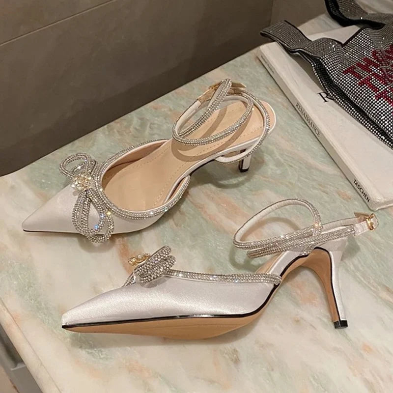 2026 New Fashion Glitter Rhinestones Women Pumps Crystal Bowknot Silk Pointed Toe Buckle Strap Thin High Heels